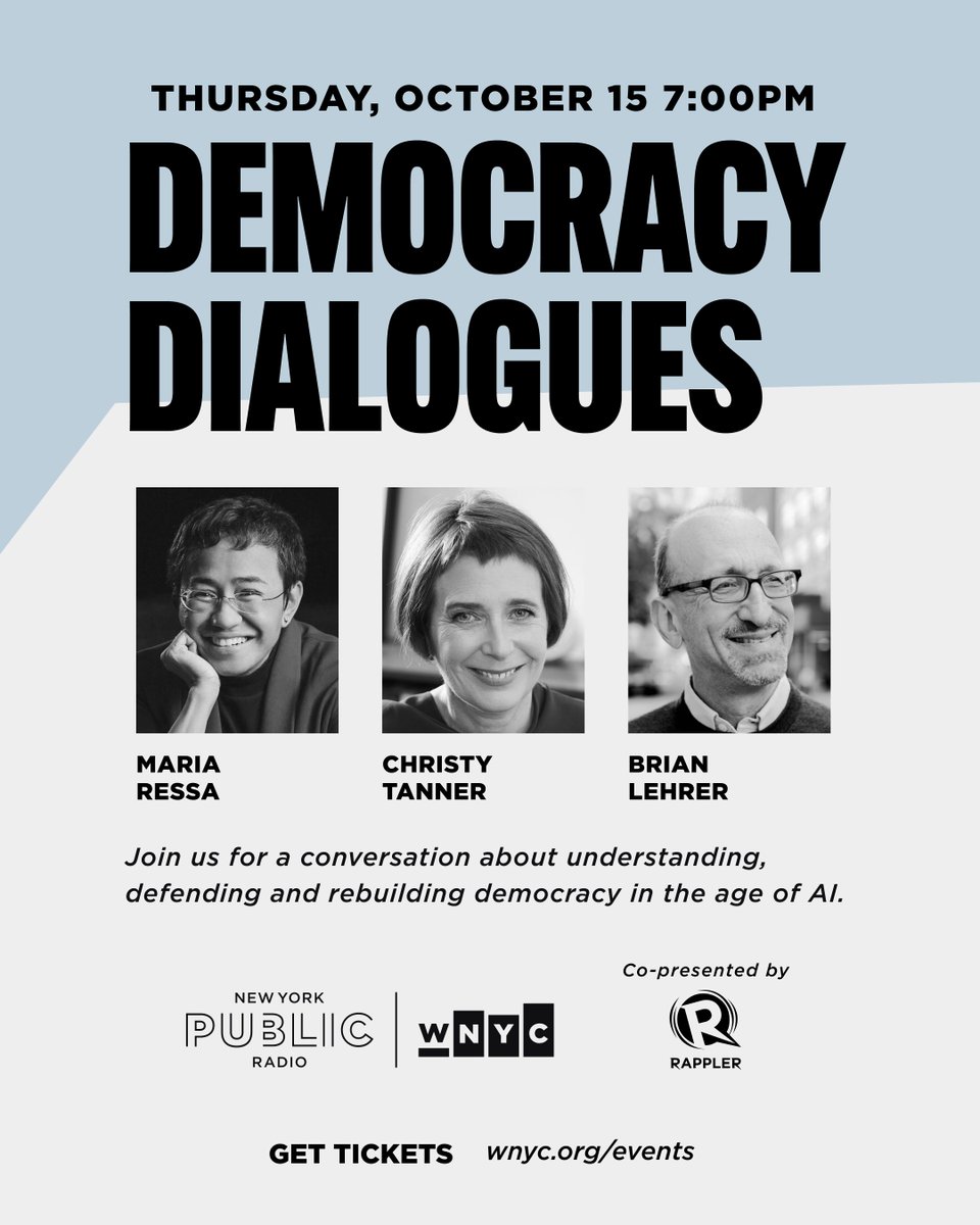 WNYC's tweet photo. On 10/15 at 7 p.m. in The Greene Space, Nobel Peace Prize laureate + @rapplerdotcom founder @mariaressa joins @ChristyTanner for a conversation on journalism, disinformation and the fight for democracy in the age of AI, moderated by @BrianLehrer. RSVP now: https://t.co/nrAOl0j3E8 https://t.co/wrLKTey9FH