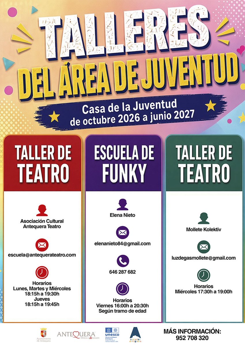 AytoAntequera's tweet photo. ℹ️ Información de servicio público
👧🏼🧒🏻 Talleres de Juventud para el curso 2026-2027

De octubre hasta junio de 2027

📲 Más información:
https://t.co/LAWSM10cdm https://t.co/q8Ru6bubqF