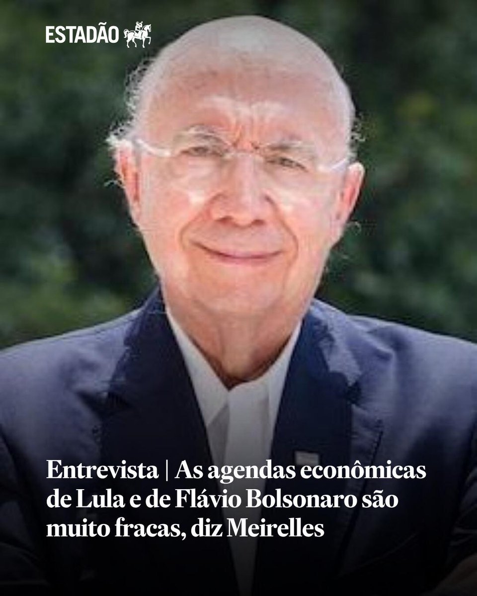 Estadao's tweet photo. As agendas econômicas de Lula e de Flávio Bolsonaro são muito fracas, diz Meirelles | Para o ex-ministro da Fazenda, os dois principais candidatos à Presidência não discutiram as propostas econômicas na campanha https://t.co/65Bx5FIma7 https://t.co/cjvXIUgVtY