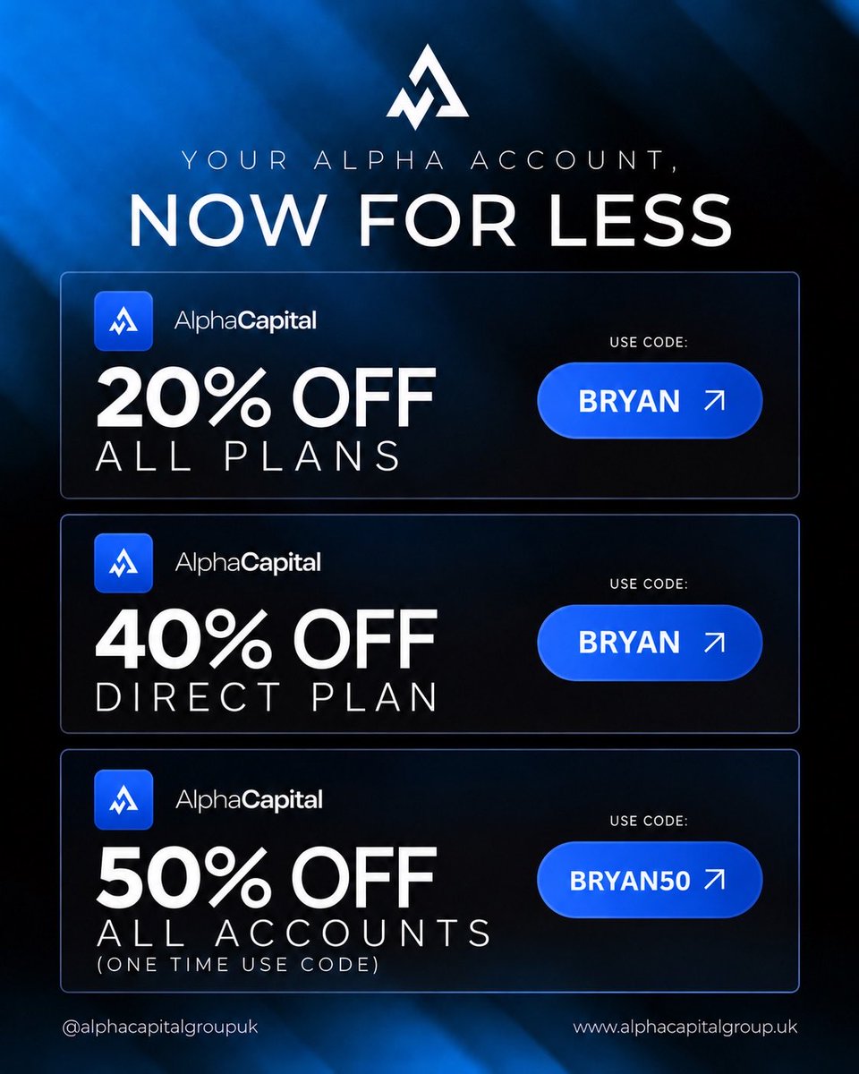 Allinbry's tweet photo. 🚨 @AlphaCapitalUK just made it way cheaper to get in. 🚨

20% OFF all plans — BRYAN
40% OFF Direct Plan — BRYAN
50% OFF all accounts — BRYAN50
(one-time use)

If you were already planning to grab an account, this is probably the best time to do it.

🔗https://t.co/Hy0fwDyKT2 https://t.co/l3uWrP5zJQ