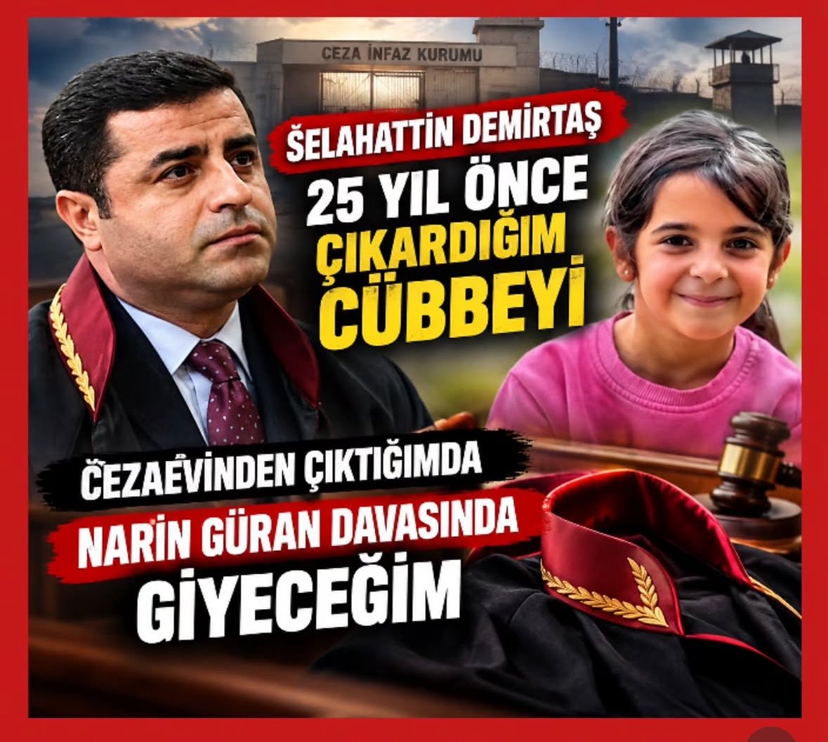 SaysWhoTh0's tweet photo. Arif Güran; 
"Hiç kimse Selahattin Demirtaş'ın söylediği kelimeyi bu ülkede söyleyemedi.
'Gömen, öldüren kişidir. Katil Nevzat Bahtiyar'dır.'
'Ben 25 yıl cübbemi indirmişim, 25 yıl. Ve ben bu cezaevinden çıktığım zaman sana söz veriyorum, Narin davasında ben cübbemi giyeceğim" https://t.co/2d14WY8jwq