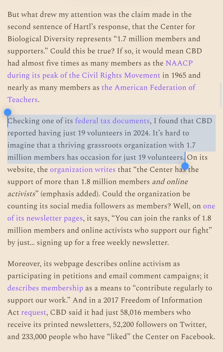 AlecStapp's tweet photo. This is the most important thing policymakers should understand about litigation groups like the Center for Biological Diversity:

They are paper tigers.

They claim to be mass-membership organizations when in fact they’re just a tiny group of extreme anti-human lawyers. https://t.co/XdOERDsPzq