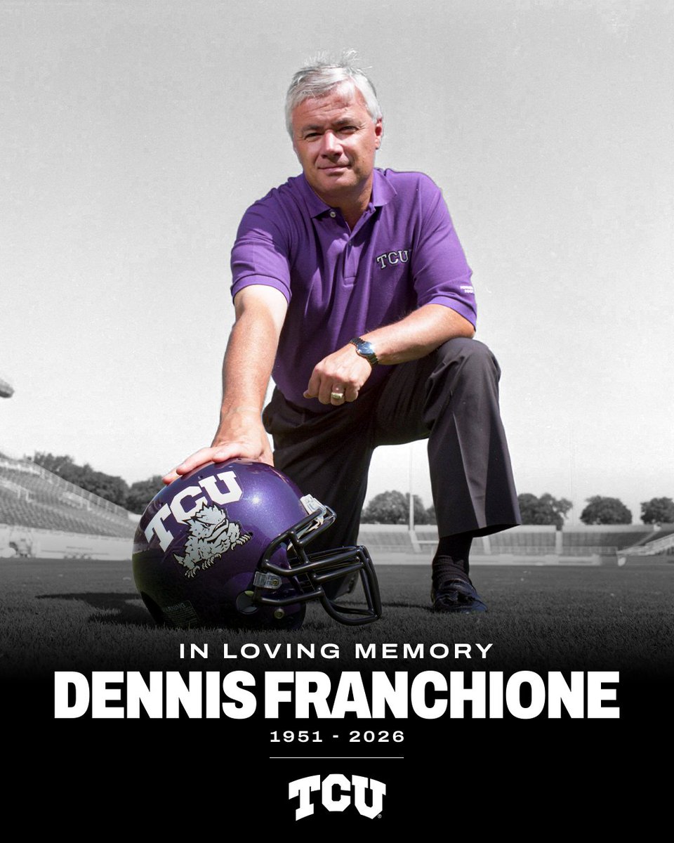 TCUFootball's tweet photo. It is with heavy hearts that we mourn the passing of former TCU Head Coach Dennis Franchione and offer our deepest condolences to Coach Franchione's family.

https://t.co/oCrL2KR9CR https://t.co/YoH4xv2Qhx