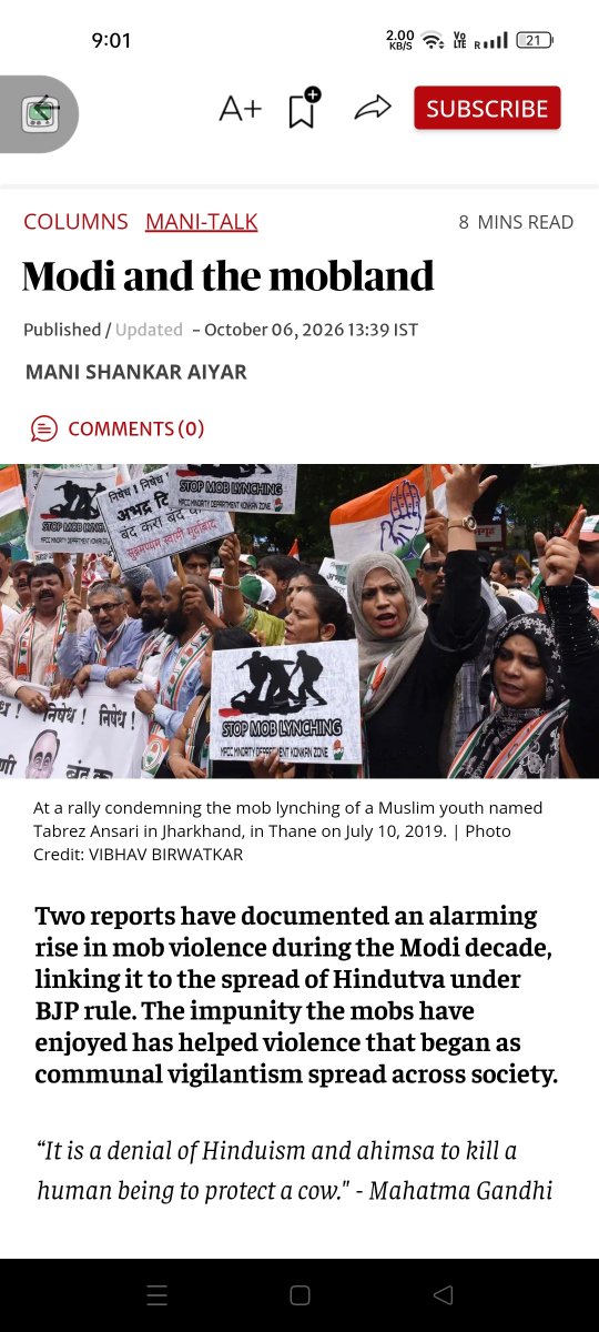 CtrlAltWritee's tweet photo. This article from @frontline_india does a powerful job of capturing something deeply disturbing about today's India..how hate speech and communal hostility can normalise lynching, how the mob begins to see itself as the court and how violence can start being treated as #justice .

We need to reset this equation:

Hate speech = Accountability, not devotion.

Leader = Public servant, not God.

Criticism = Democracy, not blasphemy.

Rumour = Unverified claim, not evidence.

Mob = Crowd, not court.

Lynching = Crime, not justice.

Violence = Accountability, not protection.

#Frontline #Manishankaraiyar

#ModiShah #mobland #Democracy #VoteChori