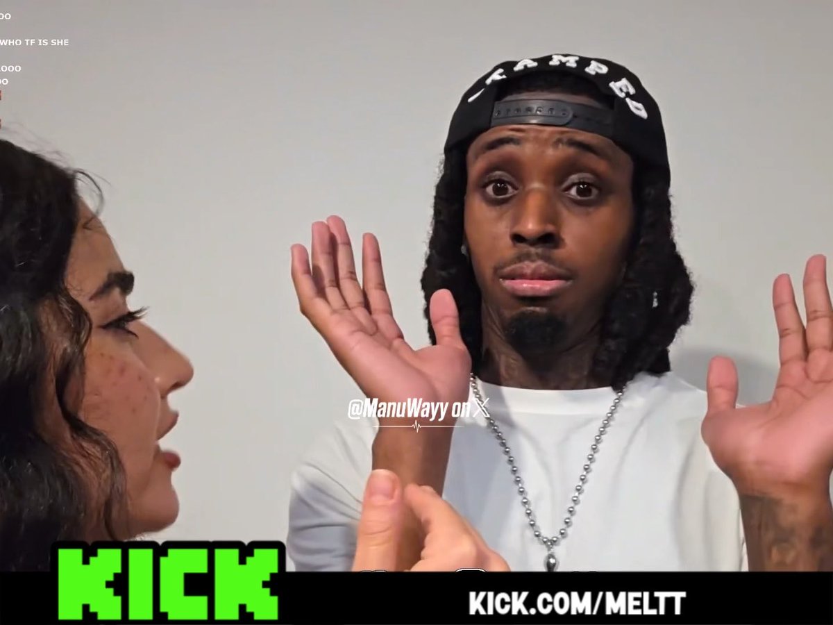 A young man wearing a black "TRUMPED" cap backwards and a silver chain raises both hands in a defensive gesture while a woman speaks to him from the left, with on-screen text showing "@ManuWayy on X" and "KICK.COM/MELTT" against a green "KICK" banner. The image illustrates the tense moment during the live stream confrontation where streamers accused Melt of inappropriate behavior, while he maintained his composure and innocence throughout the dispute.