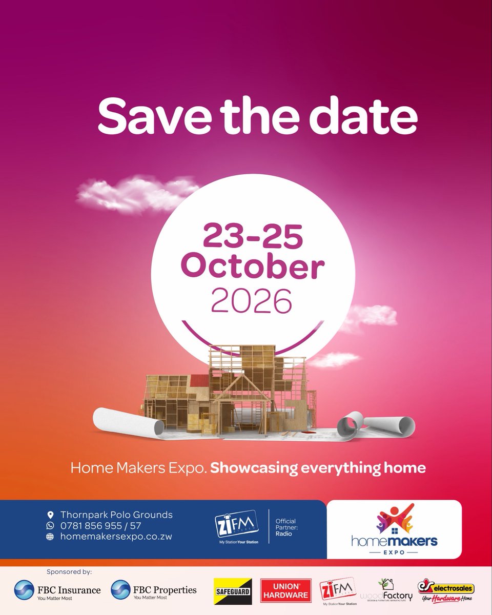 ZiFMStereo's tweet photo. Everything Home. All in One Place!

The Home Makers Expo Zimbabwe is happening 23–25 October at Thorn Park Polo Grounds, Harare.

Discover leading home, property and lifestyle brands, expert advice, new products, entertainment, competitions and family fun.

Building, renovating or looking for inspiration? Don’t miss it!

For more information: 0781 856 955

Proudly supported by FBC and leading home & lifestyle brands.