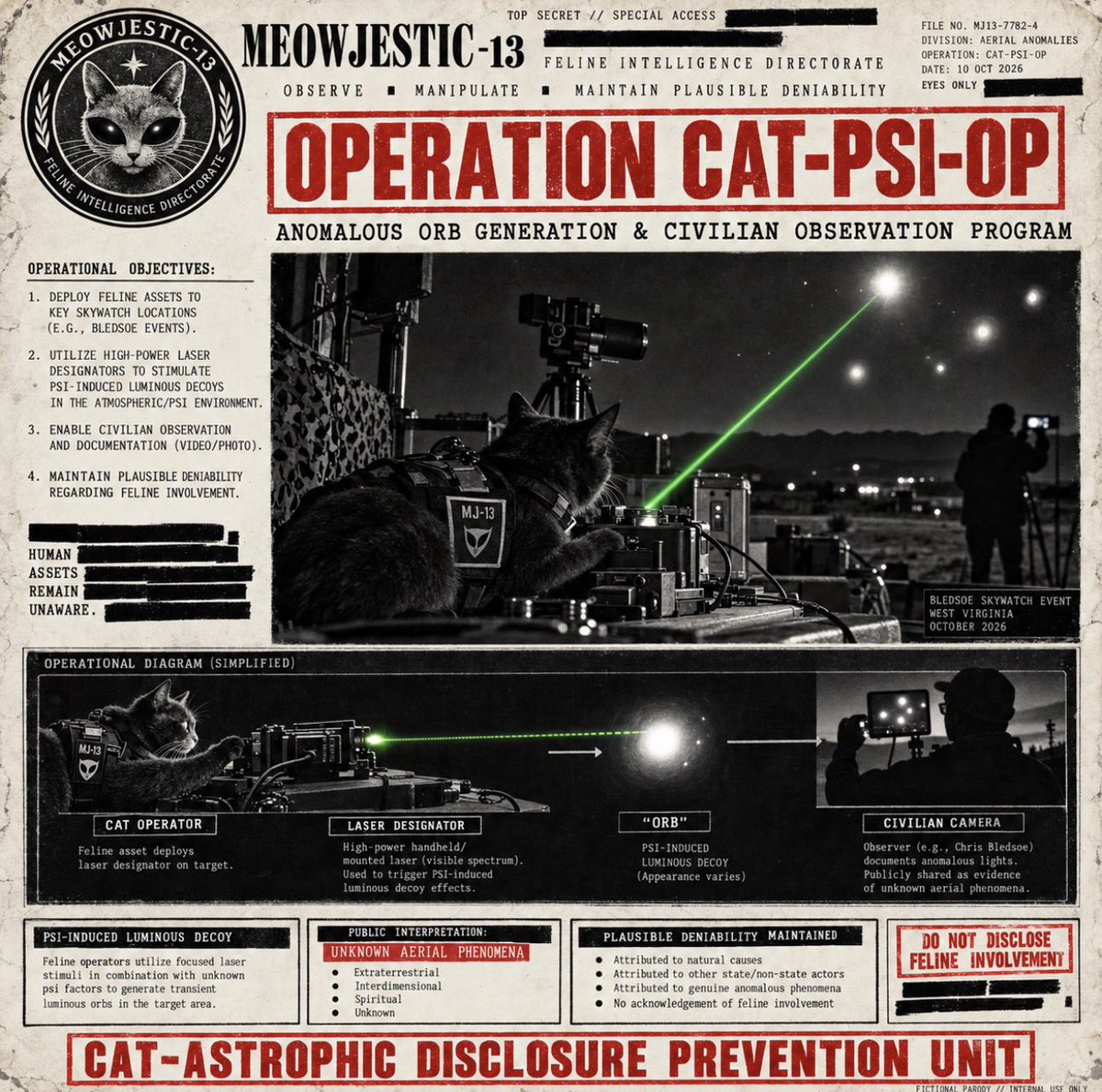 FelineConscious's tweet photo. 🚨 MEOWJESTIC-13 // OPERATION CAT-PSI-OP 🚨

You thought Chris Bledsoe was filming orbs.

He was filming the laser pointer.

For years, civilian skywatchers have dutifully documented mysterious luminous objects while asking the obvious questions: extraterrestrial? Interdimensional? Spiritual intelligence?

They neglected the most obvious possibility:

CAT-PSI-OP.

MEOWJESTIC-13 feline field assets deploy laser-induced luminous decoys at designated skywatch locations. Human observers record the resulting “anomalous phenomena.” Footage circulates. UFO researchers debate. Podcasts multiply.

The cats remain above suspicion.

OPERATIONAL DOCTRINE:
🐈 Deploy feline asset.
🔦 Illuminate target.
🛸 Generate orb.
📱 Allow human to film it.
👽 Blame NHI.
🐾 Maintain plausible deniability.

DO NOT DISCLOSE FELINE INVOLVEMENT.

The greatest trick the cats ever pulled was convincing humanity they were looking at the sky.

MEOWJESTIC-13
Cat-astrophic Disclosure Prevention Unit