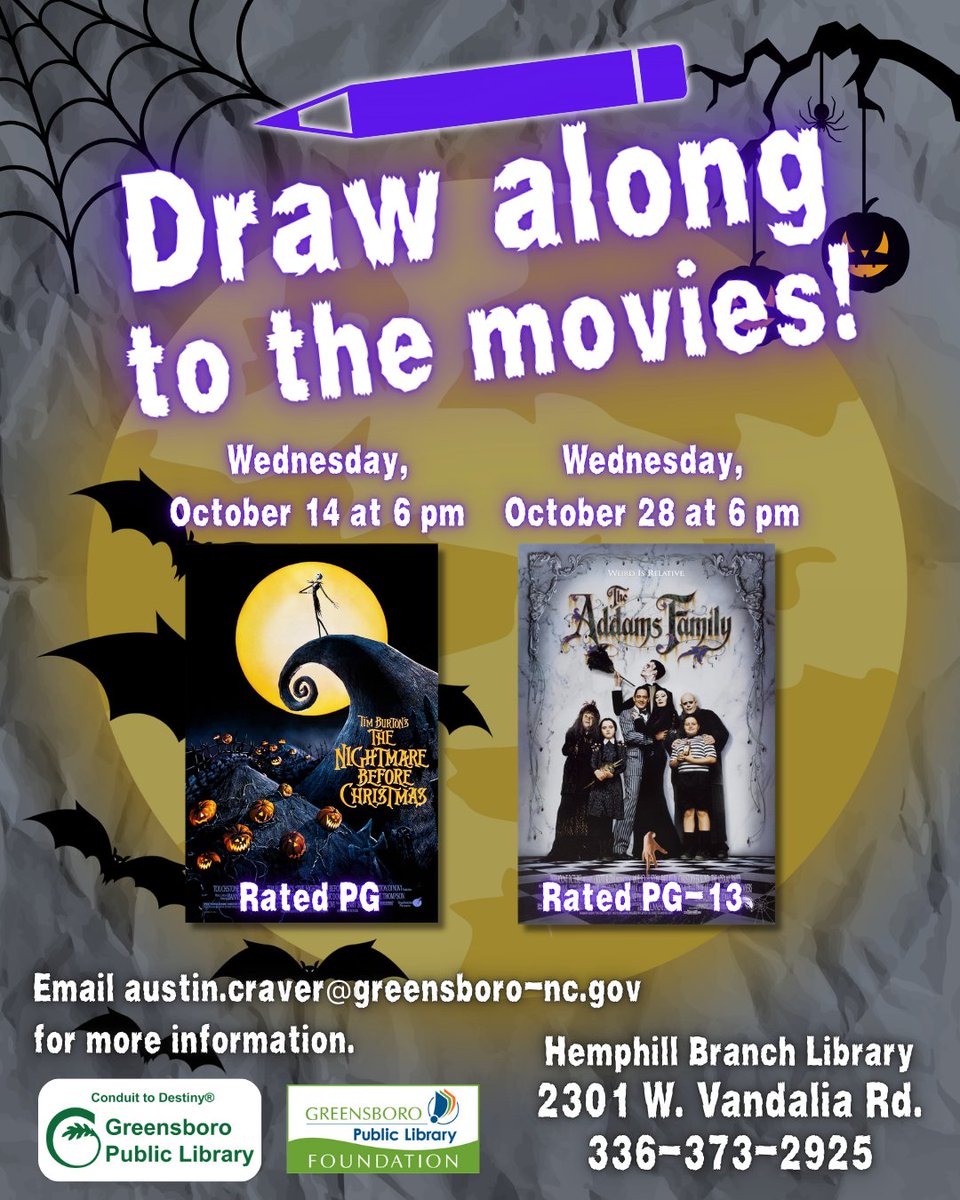GSOLibrary's tweet photo. Hemphill's regular Drink and Draw program will be collaborating with the Frightful Film Festival for two special draw-along events!

🎃 10/14 at 6 pm: "The Nightmare Before Christmas" (1993) [PG]

🥀 10/28 at 6 pm: "The Addams Family "(1991) [PG-13]

ℹ 336-373-2925 for more info https://t.co/7cvkhCQuqc