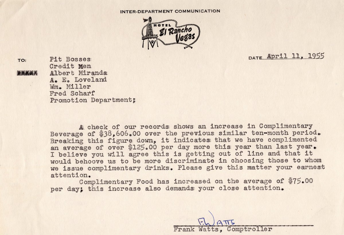 _GrandPaD's tweet photo. The bean counters were around in the early days. A 1955 memo about too many comps. I'll bet a direct descendant of Frank is working at one of the casinos today. @VitalVegas 

FYI - At the time cocktails were .50-.75 cents and a bottle of beer about a quarter. A steak dinner was about $4.