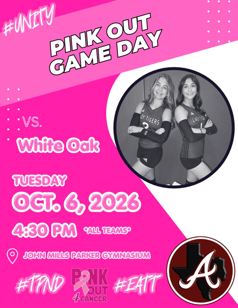 ArpISD's tweet photo. LADY TIGER #PINKOUT: Dress for the cause in Arp, America Tuesday. And come support our 🐅🏐 teams as they play at home against White Oak. JV-B gets things going at 4:30pm, followed by JV-A, & then varsity.
#TPND #EATT #UNITY #bEASTtexas #txhsvb #PinkForACause #pinkforacure https://t.co/aQYirikF9d