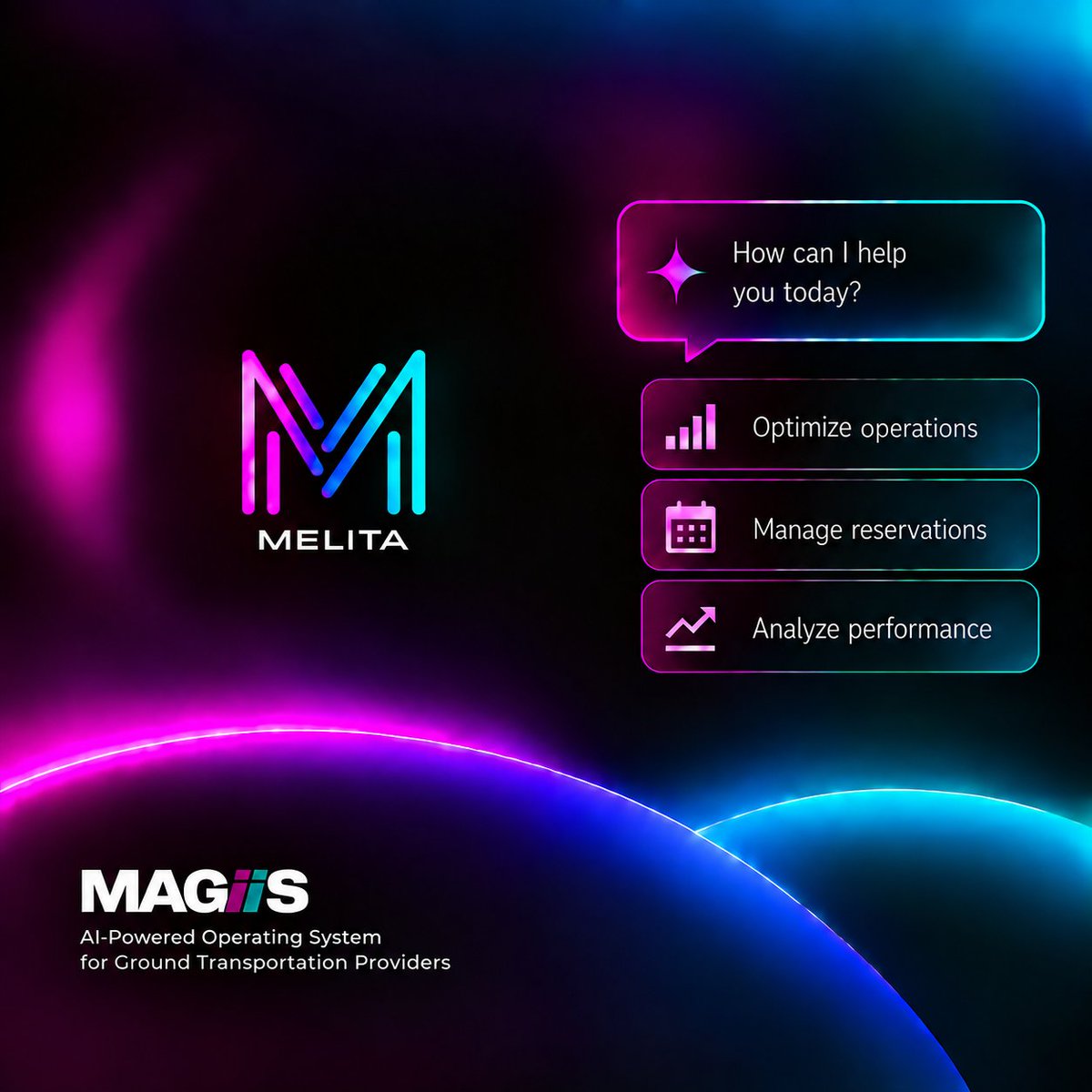MAGIISTP's tweet photo. Meet MELITA, The AI mobility assistant powering MAGIIS.
Automating operations, optimizing performance, and simplifying every trip, so transportation providers can focus on growth, not guesswork.
Schedule a Demo: https://t.co/OA3sTC6Ziu
#TransportationTechnology #MobilityTech #TransportationProviders #Automation #FutureOfTransportation #TransportationInnovation