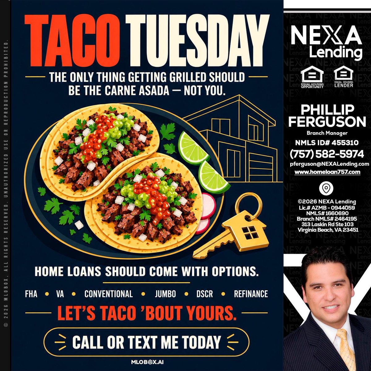 homeloan757's tweet photo. Taco Tuesday is here! ๐ฎ Letโs grill up some carne asada and chat about your home loan options. Ready to taco 'bout yours? Call or text today! ๐ #HomeLoans #TacoTuesday #LetsTacoBoutIt
๐ง pferguson@nexamortgage.com
๐ 7575825974 https://t.co/bXxBqNWWMc