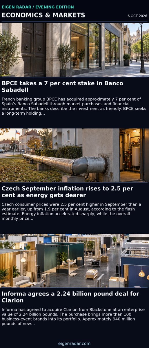 eigenradar's tweet photo. Eigen Radar Evening — Oct 6, 2026

• Alfa Watan sinks after drone attack off Bulgaria
• BPCE takes a 7 per cent stake in Banco Sabadell
• UK accepts healthcare AI rules for devices that keep changing
• Low grass pollen counts still accompany hay fever https://t.co/sEnFY3CUm9