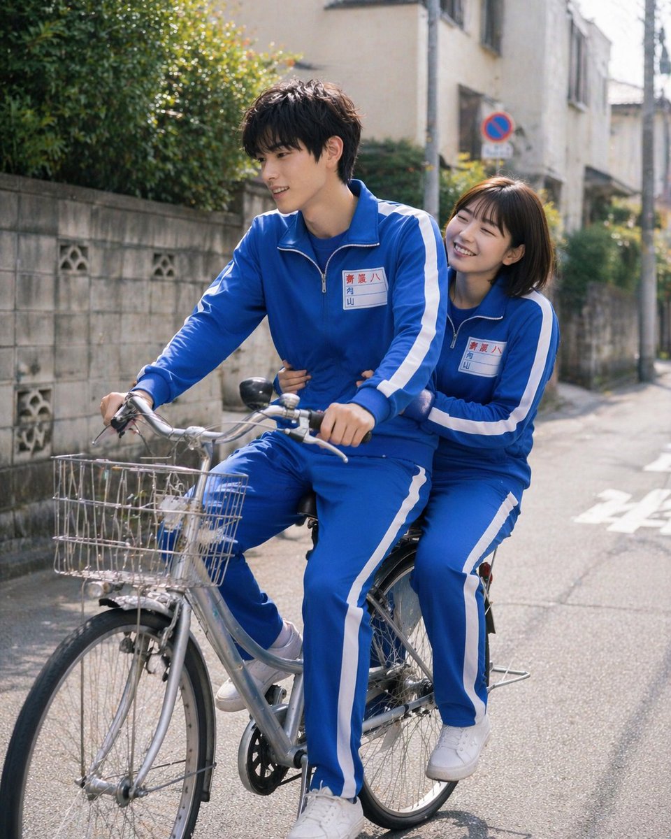 pranoiafeathana's tweet photo. 最近、学校ジャージ着たままチャリ2人乗りしてる若い子を見なくなったと感じる。(AIイラスト) https://t.co/gWh0uGIkNX
