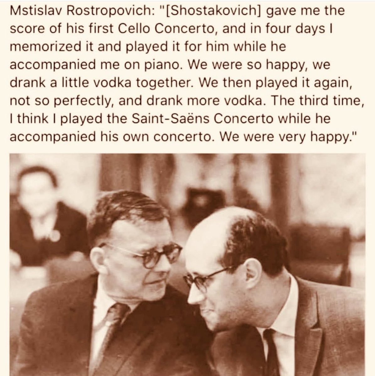playinglesshurt's tweet photo. Good morning. The brilliant cellist Rostropovich relates this charming anecdote. Pictured Dmitri Shostakovich the legendary composer on the left with Rostropovich. #music #composers https://t.co/T8eSeSLtVW