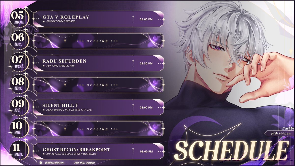 MikazukiArion's tweet photo. Ini ya schedulenya /salim

• General #MikazukiArion
• Pengumuman #Announcion
• Fanart #Artion
• Live related #Onairion
• Comic/AU #Storyon
• Memes #Aumrion

Majestic art by @/dizeeben 🤫 https://t.co/86e9QzWgzn
