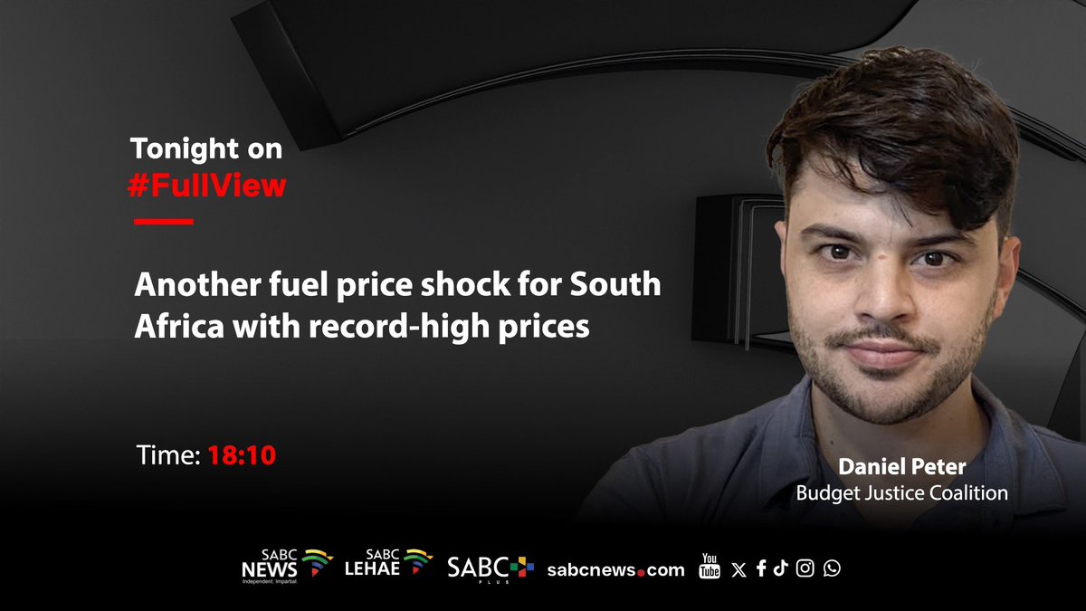 SABCNews_TV's tweet photo. [COMING UP] On #FullView Daniel Peter, another fuel price shock for South Africa with record-high prices. #SABCNews https://t.co/MuERycCyTz