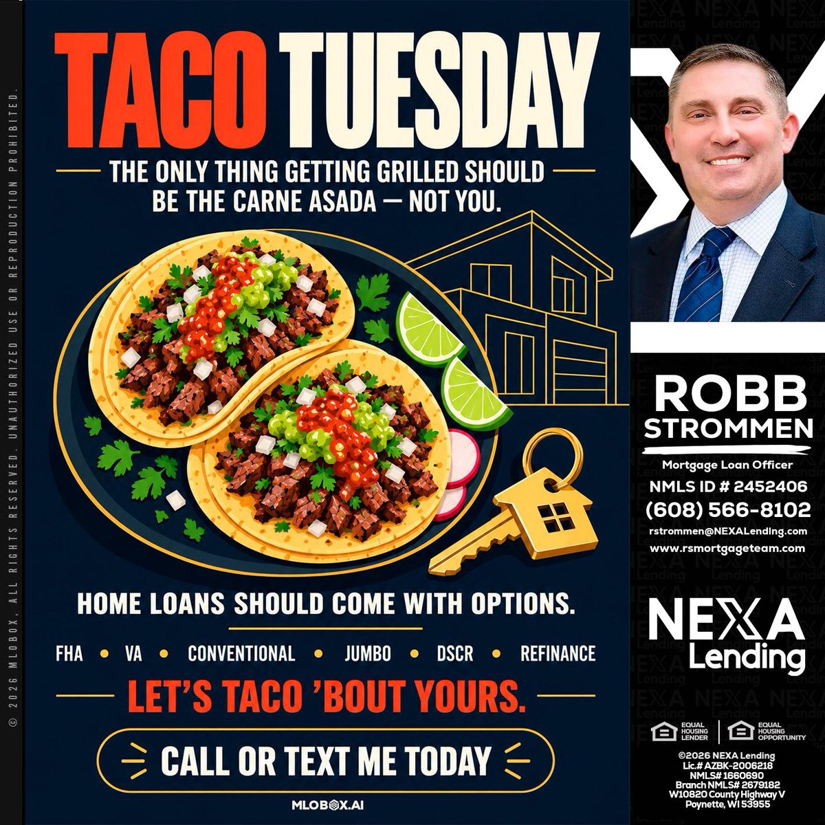 NEXAMortgageGuy's tweet photo. Taco Tuesday is here! ๐ฎ Letโs spice up your home loan options while enjoying some delicious carne asada. Call or text me today! ๐ #TacoTuesday #HomeLoans #LetsTacoBoutIt
๐ง rstrommen@nexamortgage.com
๐ 608-566-8102 https://t.co/6FHARvBIa1