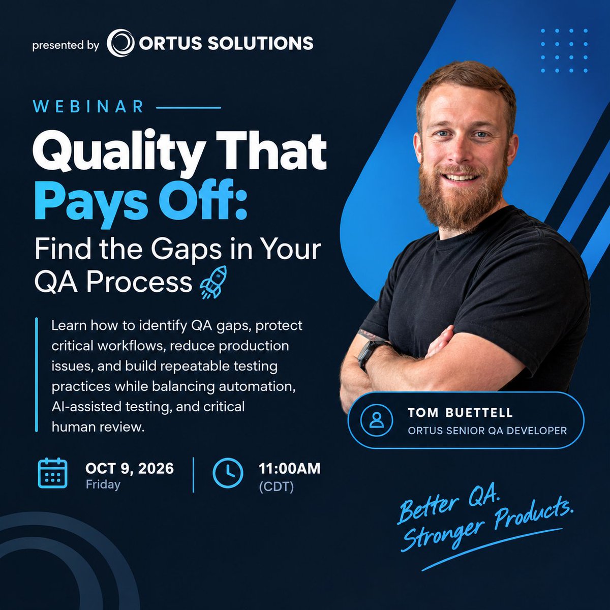 ortussolutions's tweet photo. What happens when users take your application somewhere your test cases never expected? 🔍

Meet Tom Buettell, Senior QA Development Specialist at Ortus Solutions. Tom helps teams uncover hidden risks, test beyond expected scenarios, and build stronger QA practices.

💪 Give your next release a stronger quality foundation.

➡️ Explore our QA services and book a free 30-minute consultation:
https://t.co/kbdDqC9dcA

📅 Join the free webinar:
https://t.co/OHxGWmWNr3

#MeetTheTeam #QualityAssurance #SoftwareTesting #OrtusSolutions