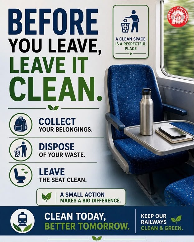 dfccil_india's tweet photo. Before you leave, leave behind a clean space. 🚆🌿

Collect your belongings, dispose of waste responsibly and leave your seat clean. A small act of consideration can make every journey cleaner, greener and more pleasant for everyone.

#DFCCIL #CleanRailways #SwachhBharat #SwachhRail #NoLittering #CleanAndGreen #ResponsibleTravel