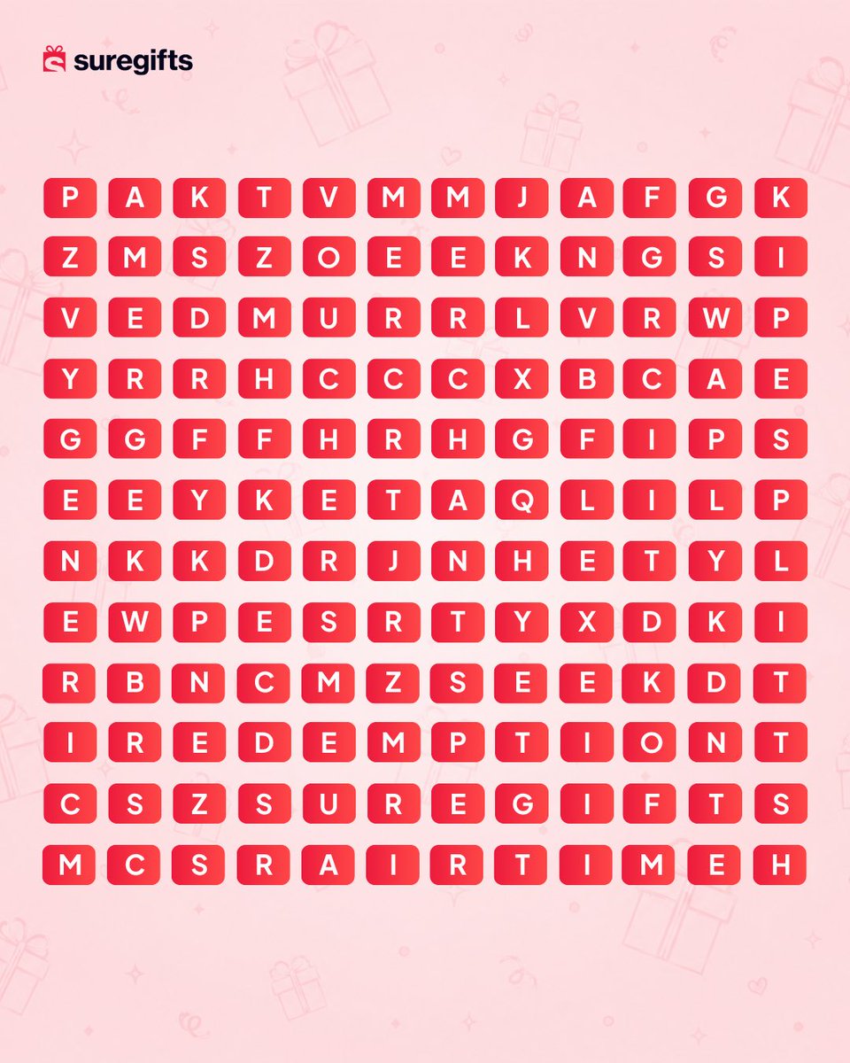 suregifts's tweet photo. 🔎 WORD SEARCH CHALLENGE! 🎁

Here’s how to enter:
1️⃣ Screenshot the puzzle. 📸
2️⃣ Circle all 10 hidden words.
3️⃣ Post your screenshot in the comments.

Winner  will get a SureGifts voucher, picked at random from everyone who finds all 10 words.

Ready, set, FIND! 🔎 https://t.co/3zVnlsBPQL