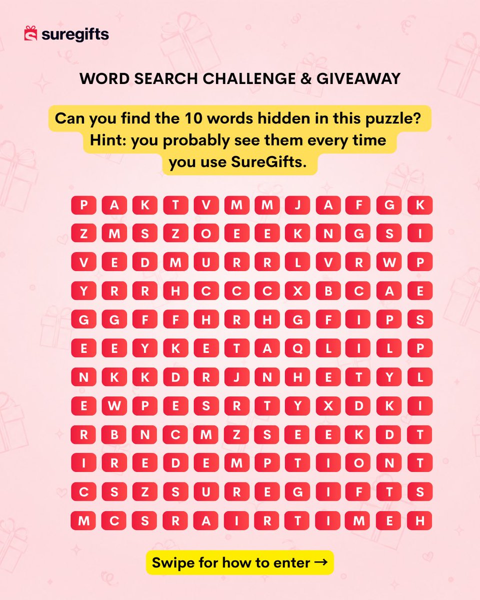 suregifts's tweet photo. 🔎 WORD SEARCH CHALLENGE! 🎁

Here’s how to enter:
1️⃣ Screenshot the puzzle. 📸
2️⃣ Circle all 10 hidden words.
3️⃣ Post your screenshot in the comments.

Winner  will get a SureGifts voucher, picked at random from everyone who finds all 10 words.

Ready, set, FIND! 🔎 https://t.co/3zVnlsBPQL