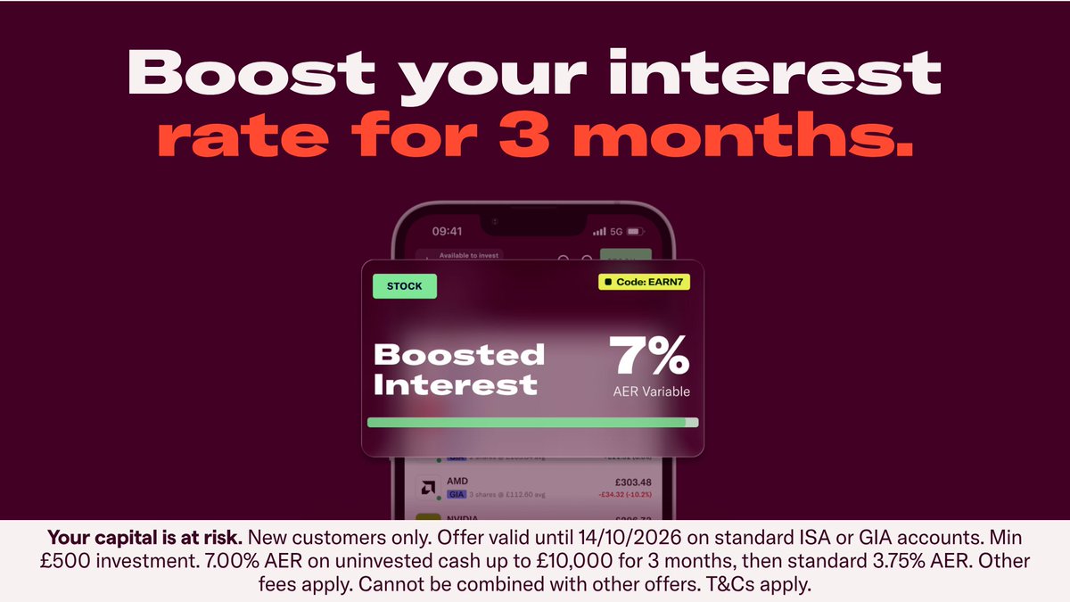 IGcom's tweet photo. New customer offer: Use code EARN7 and boost your interest to 7% AER variable for 3 months. 

Your capital is at risk