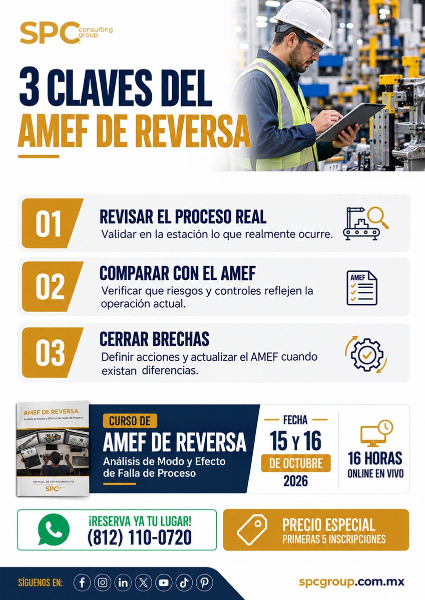 SPC_MEX's tweet photo. Conoce 3 claves del AMEF de Reversa y aprende a utilizar esta metodología para fortalecer la prevención y solución de problemas.
📲 Más información: https://t.co/OMRsQfJQsx
🏷️ Precio especial para las primeras 5 inscripciones.
#AMEF #AMEFDeReversa #FMEA #Calidad #MejoraContinua https://t.co/R1l3C0aCds