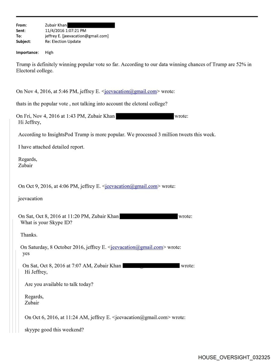 EpsteinsEmails's tweet photo. 📧 Oct 6, 2016 · 11:24 AM
From: Jeffrey Epstein
To: Zubair Khan

A month before Trump wins, Epstein is being pitched InsightsPod, a startup promising to predict the election from social media chatter. His answer to the funding ask: "skyype good this weekend?"
#EpsteinFiles https://t.co/tKTaHWF5kg