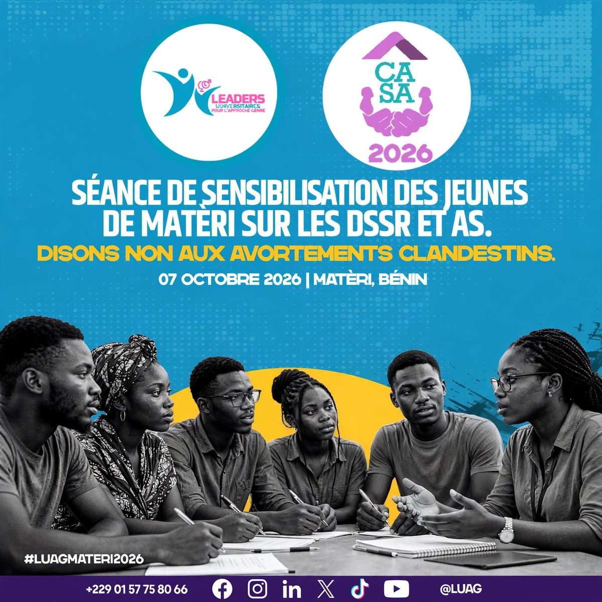 LUAG_ONG's tweet photo. Dans le cadre de la Campagne d'Accès à l'Avortement Sécurisé (CASA 2026), LUAG organise une séance de sensibilisation des jeunes de Matèri sur les DSSR et l'AS.

Informer, c'est protéger.

#LUAGMATERI2026 #CASA2026 #DSSR #AvortementSecurise #Matèri
 #MouvementODAS https://t.co/1m4zXuTDvi