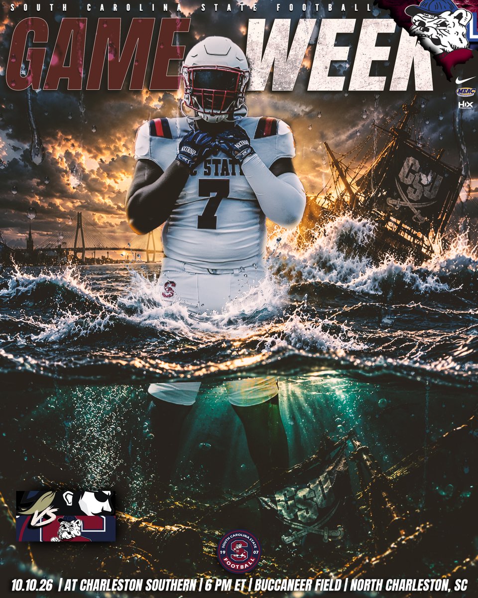 SCState_Fb's tweet photo. #GoDogs 

🐶🌊 THE DOGS ARE COMING. CHARLESTON, GET READY. 😤🔥

ROAD BUSINESS. SAME STANDARD.

Bulldog Nation, we need YOU rolling deep! Put that GARNET on, bring that noise, and let’s turn Buccaneer Field into BULLDOG TERRITORY! 🔴🐶

PACK THEIR STANDS.
SHAKE THEIR FIELD.
MAKE THEM HEAR US. 🗣️🔥

From the first snap to the final whistle, bring that HOME energy on the ROAD. Every section. Every down. Every DOG.

🌊 WE’RE BRINGING THE WAVE.
😤 LET’S TAKE IT OVER.

🆚 Charleston Southern @CSU_FB 
📅 Saturday, October 10
⏰ 6 PM ET
📍 Buccaneer Field | North Charleston, SC
🔴 FANS WEAR GARNET

ONE MINDSET. 1–0.
LET’S HANDLE BUSINESS. 🐶🏈

@SCStateAthletic @MEACSports @coachberry77 
#PayTheFEE
#DigDEEP
#STATEofMind
#RaiseTheBAR
🔴🔵🐶🏈