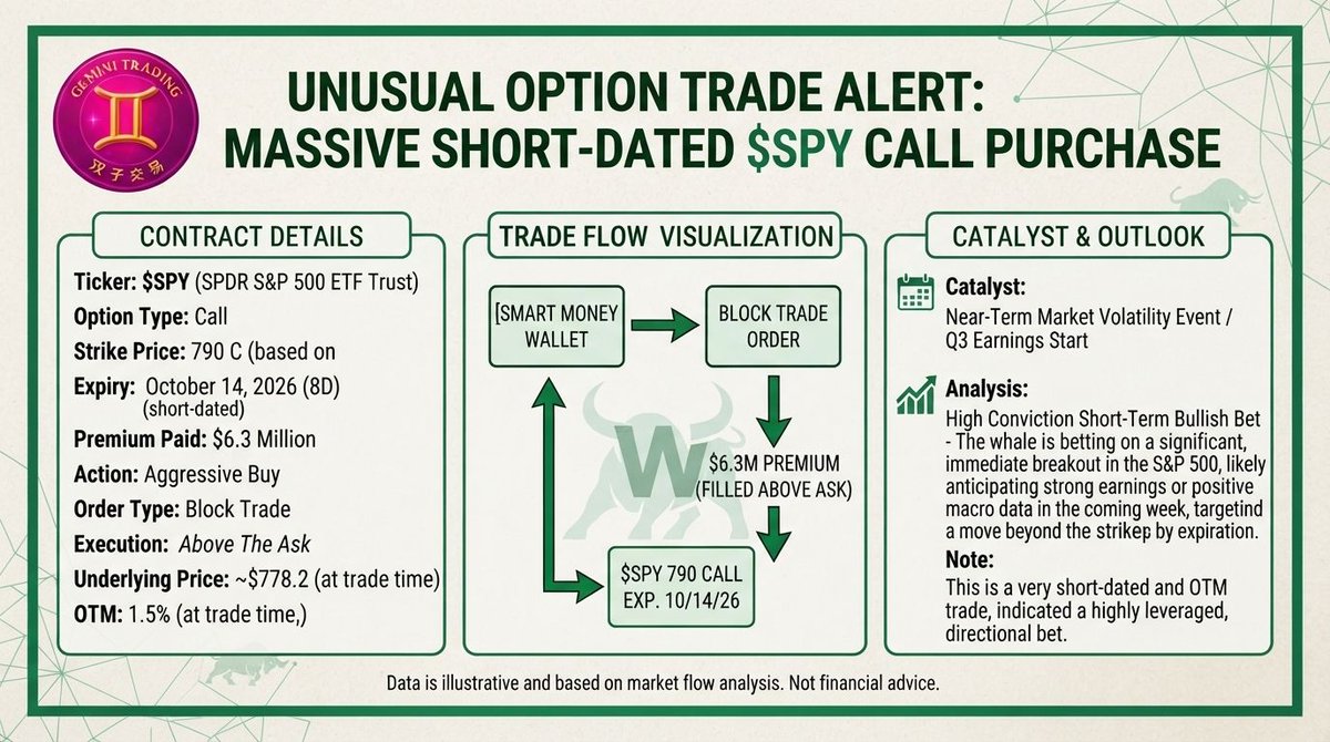 🚨 FLOW PRINT #76: $SPY Oct 14 $790 calls — $6.3M above-ask block. First index bet in the serial. Thread. 🧵

THE TRADE ✅
Oct 14 $790 calls. $6.3M. Aggressive b
