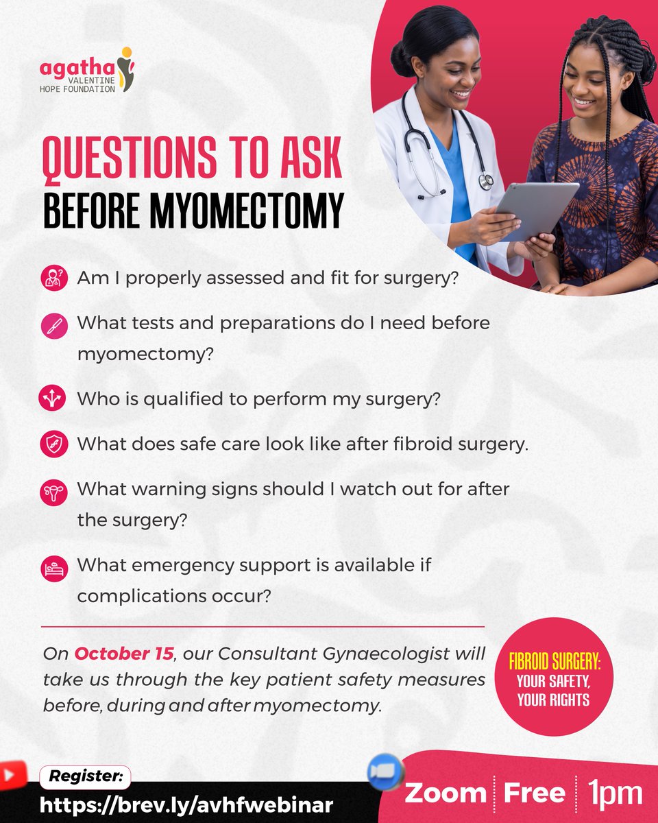 agathavalngo's tweet photo. On October 15, our consultant gynaecologist will take us through the key patient-safety measures to know before, during, and after myomectomy. 

Register here: https://t.co/x6SstRN6YW

#SportyBetAnswerUs Mavo Nana Akua Addo #FRABEL Femi Adebayo Happy Customer Service Week https://t.co/407Mbkm2Dy