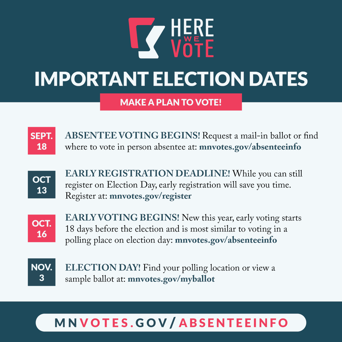 MNSecofState's tweet photo. #TrustedInfo2026 on Voting
IMPORTANT ELECTION DATES!
The EARLY REGISTRATION DEADLINE is today (Oct. 13) for MN voters: https://t.co/P16uwi49rV

ABSENTEE VOTING by mail or in person is underway. And EARLY VOTING starts Friday, Oct. 16. For more info: https://t.co/iPC1ZiuaPr https://t.co/MQjchylqo7