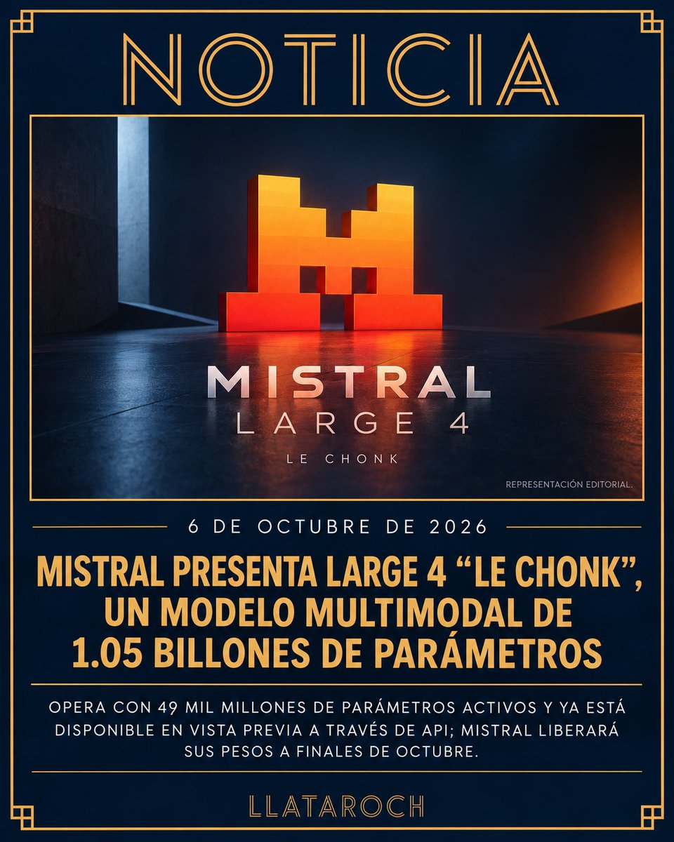 LlataRoch's tweet photo. NOTICIA: Mistral presenta Large 4 “Le Chonk”, un modelo multimodal de 1.05 billones de parámetros.

Mistral presentó este 6 de octubre Mistral Large 4, también conocido como “Le Chonk”, su modelo más grande y capaz hasta ahora. Large 4 utiliza una arquitectura Mixture-of-Experts con 1.05 billones de parámetros totales y 49 mil millones activos durante inferencia, además de un encoder visual de 1.6 mil millones de parámetros y una ventana de contexto de hasta 1 millón de tokens. El modelo acepta entradas multimodales y Mistral lo posiciona para tareas como programación, ciberseguridad, finanzas, manufactura y trabajo de conocimiento. Large 4 ya está disponible en vista previa pública mediante la API de Mistral, pero sus pesos todavía no han sido publicados; la compañía anunció que los liberará a finales de octubre. Las afirmaciones de rendimiento frente a otros modelos provienen, por ahora, principalmente de evaluaciones presentadas por Mistral y deben distinguirse de validaciones independientes.