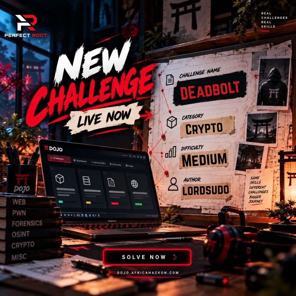 AfricaHackon's tweet photo. New challenge: Deadbolt. 🔐

Crypto, Easy.

A lock stands between you and the flag. Find the weakness, crack the mechanism, and break through.

Created by Lordsudo.

Solve now: https://t.co/2KaQcpDTSa

#31NightsofR00t #DOJO #CTF #Crypto https://t.co/FztVCwMvDT