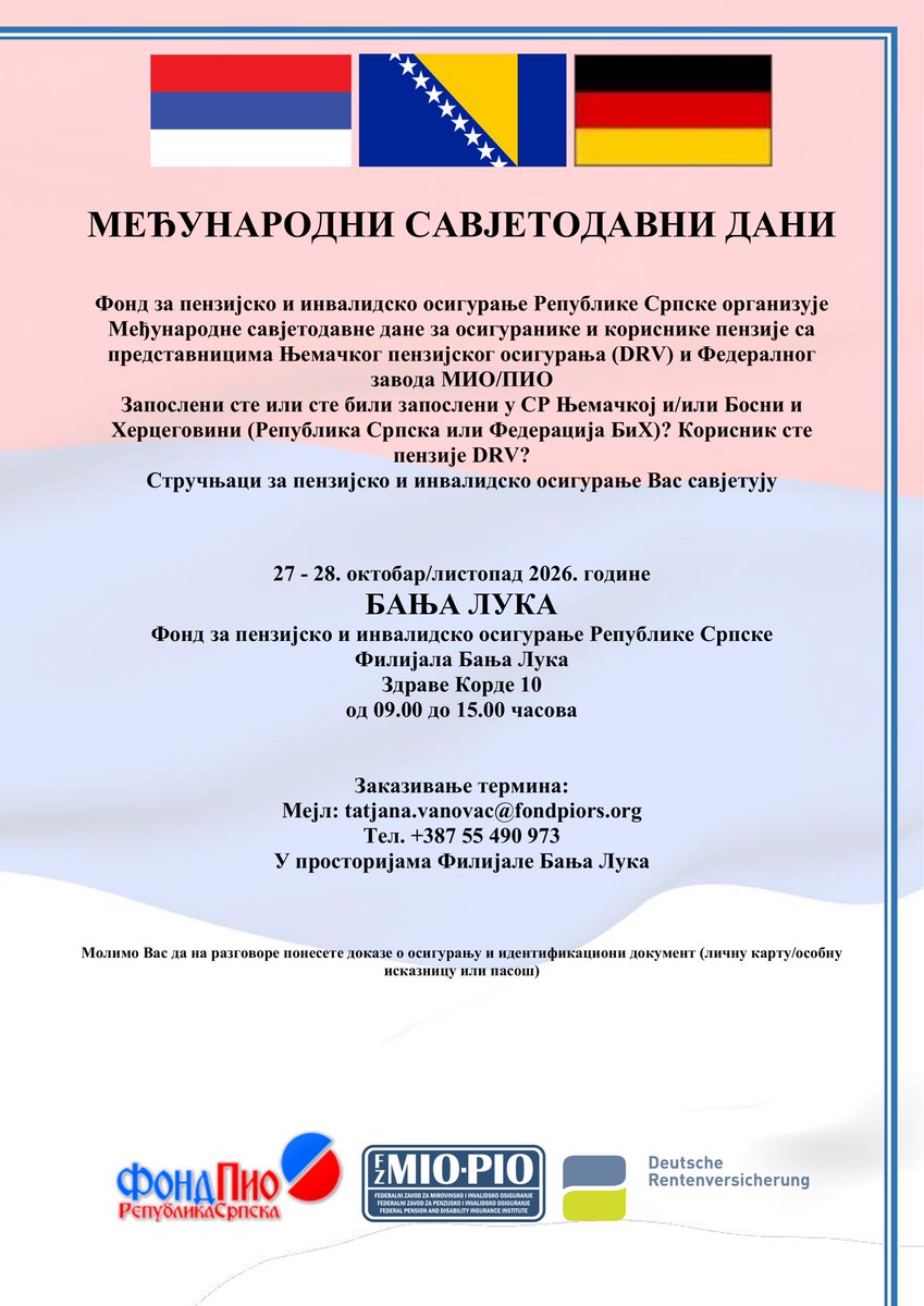 fondpiors_org's tweet photo. -Међународни савјетодавни дани у Бања Луци-
Савјетују Вас стручњаци из области пензијског и инвалидског осигурања
#fondpio #fondpiors #republikasrpska #penzioneri https://t.co/RjUsFMkCnY