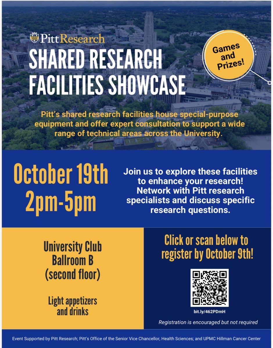 PittPre's tweet photo. Shared Research Facilities Showcase
10/ 19-2 to 5p. Pitt’s shared research facilities house special-purpose equipment and offer expert consultation to support a wide range of technical areas across the University.

@PittResearch @PittTweet @PittPre @PittHealthSci @PittProvost https://t.co/0dtUbxHIAj