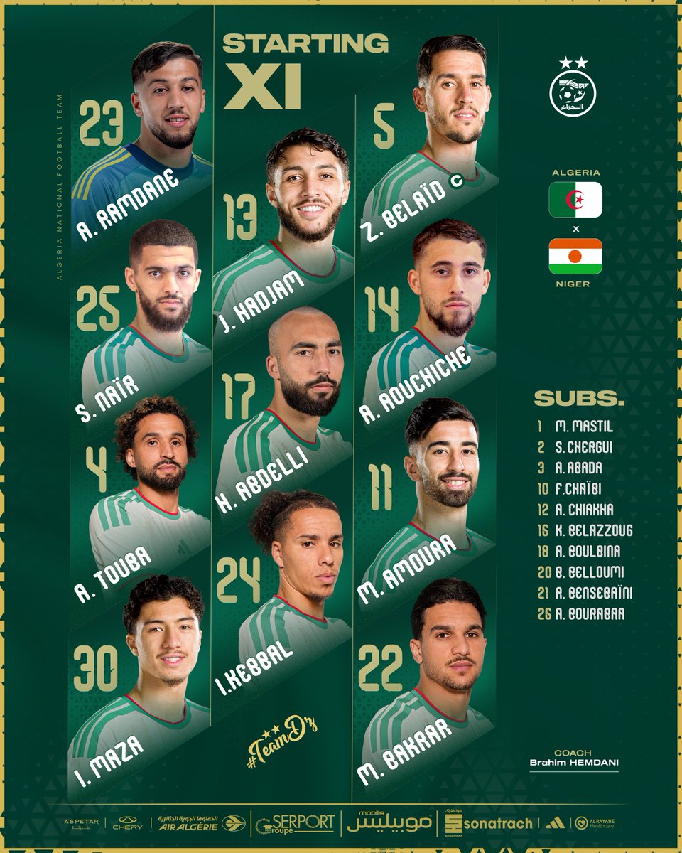 LesVerts's tweet photo. Starting XI | التشكيلة الأساسية

#LesVerts ⭐️⭐️ | #123VivaLAlgérie 🇩🇿 https://t.co/pM0EPQtnPG