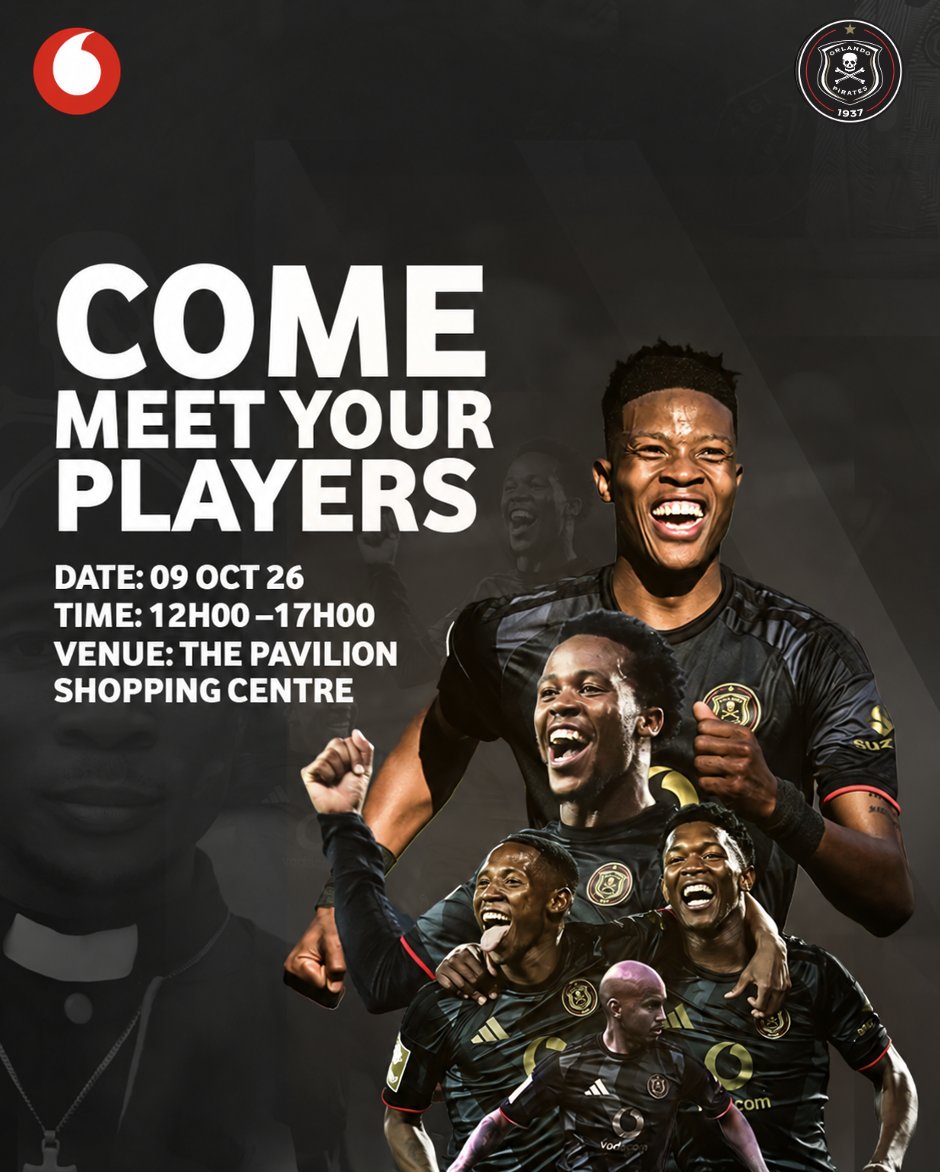 orlandopirates's tweet photo. Join us at the Pavilion Shopping Centre for an extraordinary player meet-and-greet ahead of the big final. 🏆​

📅09 October 2026 
⏰ 12:00 – 17:00​
​#ExtraordinaryExperiences​

⚫⚪🔴⭐ 
#OrlandoPirates 
#OnceAlways https://t.co/p6Qwm6LDzb