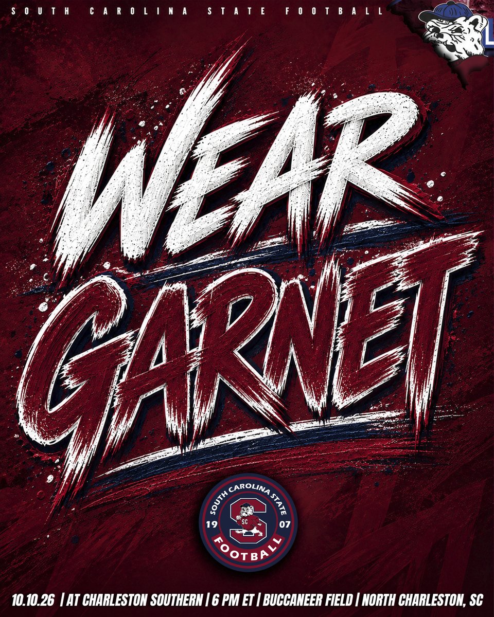 SCState_Fb's tweet photo. #GoDogs 

🐶🌊 THE DOGS ARE COMING. CHARLESTON, GET READY. 😤🔥

ROAD BUSINESS. SAME STANDARD.

Bulldog Nation, we need YOU rolling deep! Put that GARNET on, bring that noise, and let’s turn Buccaneer Field into BULLDOG TERRITORY! 🔴🐶

PACK THEIR STANDS.
SHAKE THEIR FIELD.
MAKE THEM HEAR US. 🗣️🔥

From the first snap to the final whistle, bring that HOME energy on the ROAD. Every section. Every down. Every DOG.

🌊 WE’RE BRINGING THE WAVE.
😤 LET’S TAKE IT OVER.

🆚 Charleston Southern @CSU_FB 
📅 Saturday, October 10
⏰ 6 PM ET
📍 Buccaneer Field | North Charleston, SC
🔴 FANS WEAR GARNET

ONE MINDSET. 1–0.
LET’S HANDLE BUSINESS. 🐶🏈

@SCStateAthletic @MEACSports @coachberry77 
#PayTheFEE
#DigDEEP
#STATEofMind
#RaiseTheBAR
🔴🔵🐶🏈