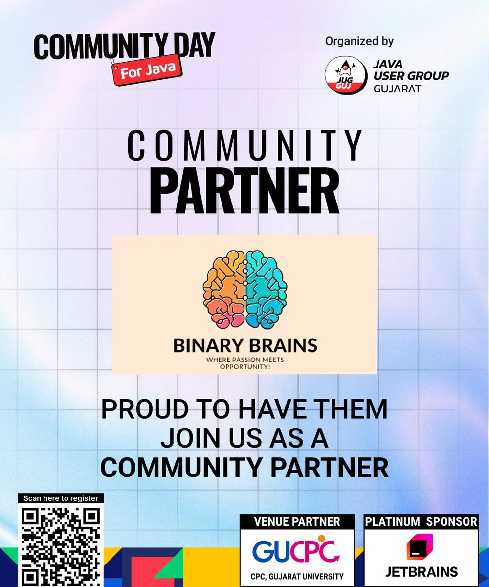 cd4java's tweet photo. 🤝 Community Partner Announcement!

We’re excited to welcome @binarybrains23 as a Community Partner for Community Day for Java 2026! 🎉

Together, we’re bringing the tech community closer and making this celebration even bigger.

📅 24 October 2026 
📍 CPC, Gujarat University https://t.co/SAeQHUvsEe