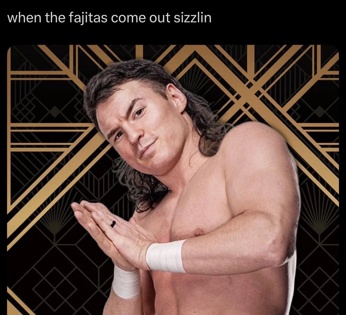 Fightful's tweet photo. Speedball Mike Bailey discusses the origins of his ‘when the fajitas come out sizzlin’ meme.

“One time, it was a- I don’t remember the pay-per-view. I think it was Full Gear in Chicago, and my gear, my costume got stuck, lost in the airplane. The airline lost my gear, so I had to wear Kevin Knight’s tights. So because I’m wearing Kevin Knight’s tights, we decided to, because we both had JetSpeed gear. He had both sets. So he just wore the old set and I wore the new set and I wore his old JetSpeed set of tights regardless. We just took random promo pictures because I thought it was funny while I’m wearing his tights and one of them I just do this, and so someone quote tweets it and goes, ‘when the fajitas come out sizzling,’ and then for some reason that catches on, and then, of course, I double down on it, and the thing is, I fucking love fajitas. So me and my wife, Veda Scott, shout out greatest commentator in the world, we do this thing called Targs and Margs. Do you know about Targs and Margs? Targs and Margs is when you go to your local Mexican chain restaurant, order something like the fajitas that come out sizzling, drink a margarita, and then go to Target and buy some some you know, toys or whatever afterwards. So that’s that’s targets and marks but I fucking love fajitas. I love when they come out sizzling uh and i also love that that people just, for some reason, that resonated with them.”

(@HaangEmHiigh)