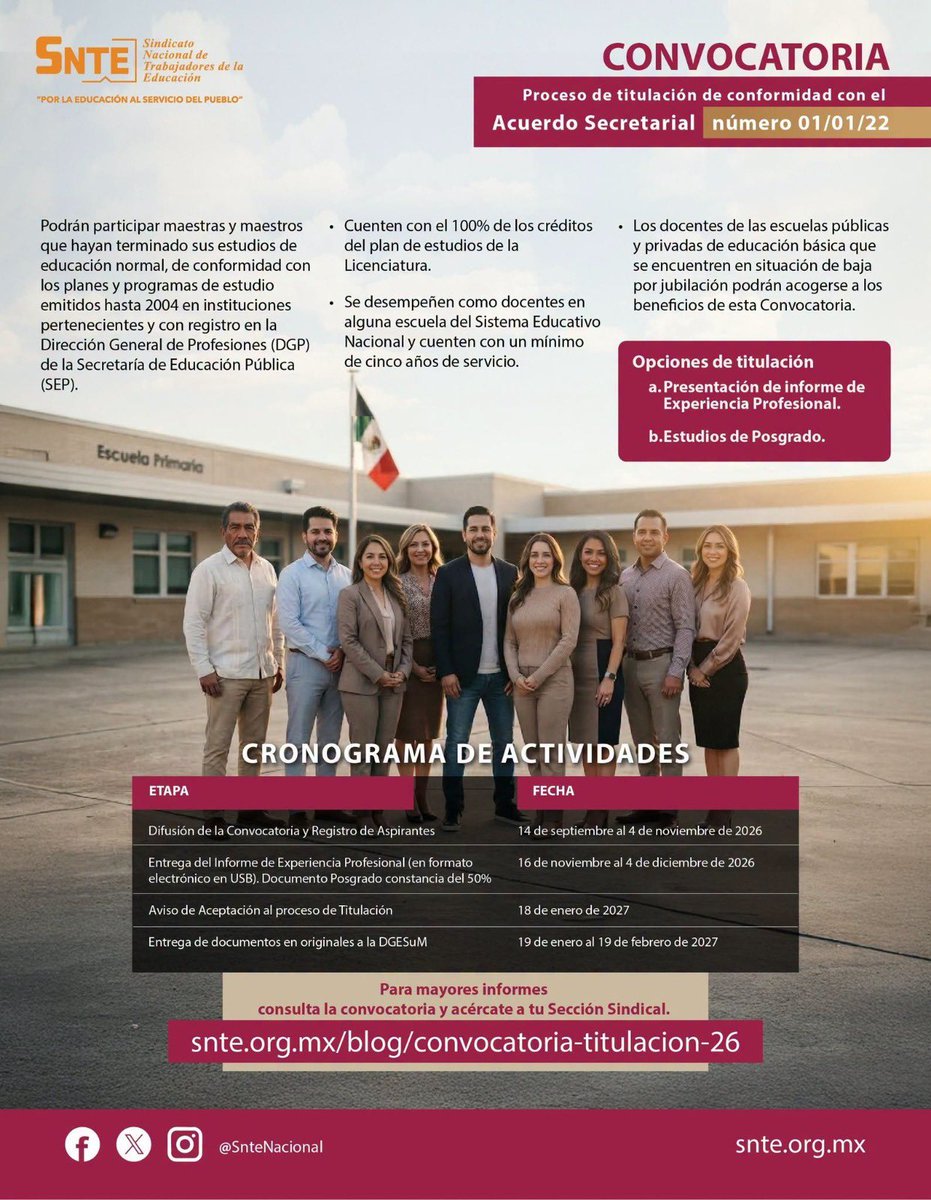 SnteNacional's tweet photo. 📢¡Atención, maestras y maestros!👩🏻‍🏫👨🏻‍🏫

Continúa abierta la Convocatoria del Proceso de Titulación para la Licenciatura en Educación, derivada de la Respuesta al #PND2026. Es momento que concluyan su logro académico.📜

Las bases y requisitos en el enlace: https://t.co/ieErE339GT https://t.co/yvAecUkCv1