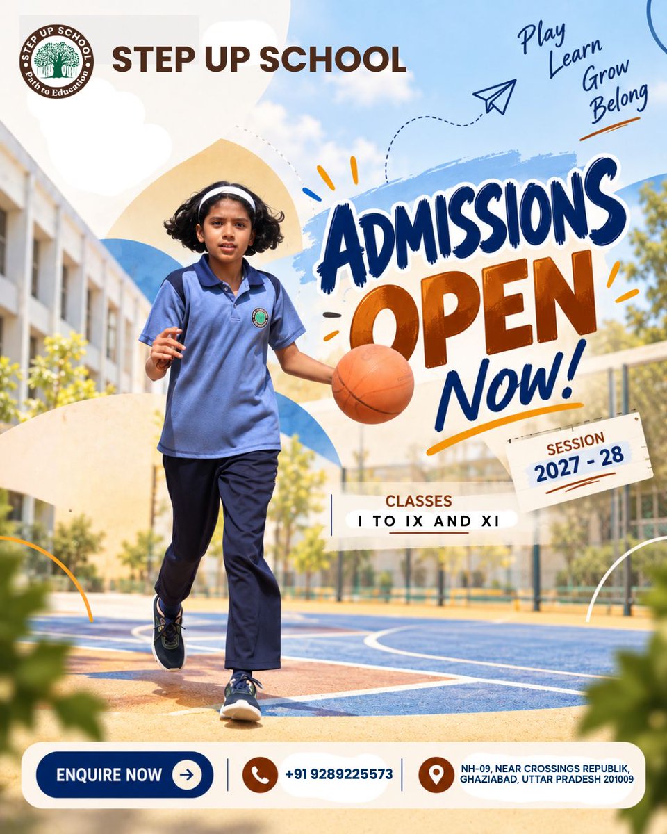 StepUpSchool2's tweet photo. Step Up School, Ghaziabad – Admissions Open for Session 2027 - 28!

Are you looking for a school that balances excellent academics with vibrant co-curricular activities? Step Up School is now accepting applications for Classes I to IX and XI. https://t.co/VYdYHtlPFf