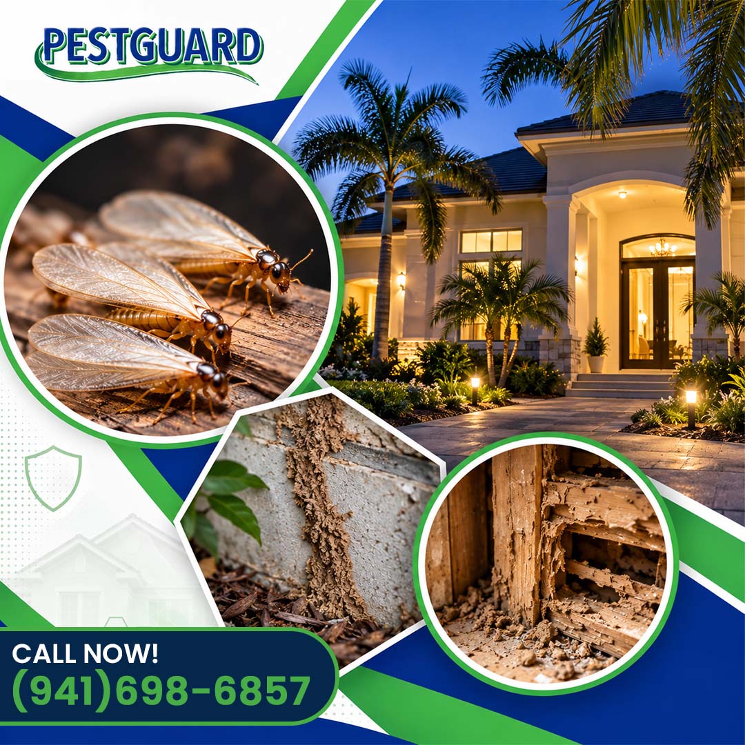 PestguardFLA's tweet photo. Formosan termites = "super termites." Colonies in the millions, fast damage, swarm at night. Early detection matters. Free inspections. Call (941) 698-6857 or https://t.co/g8bvKRaGym #SWFL #FormosanTermites #TermiteControl https://t.co/iQscQ9pmDn