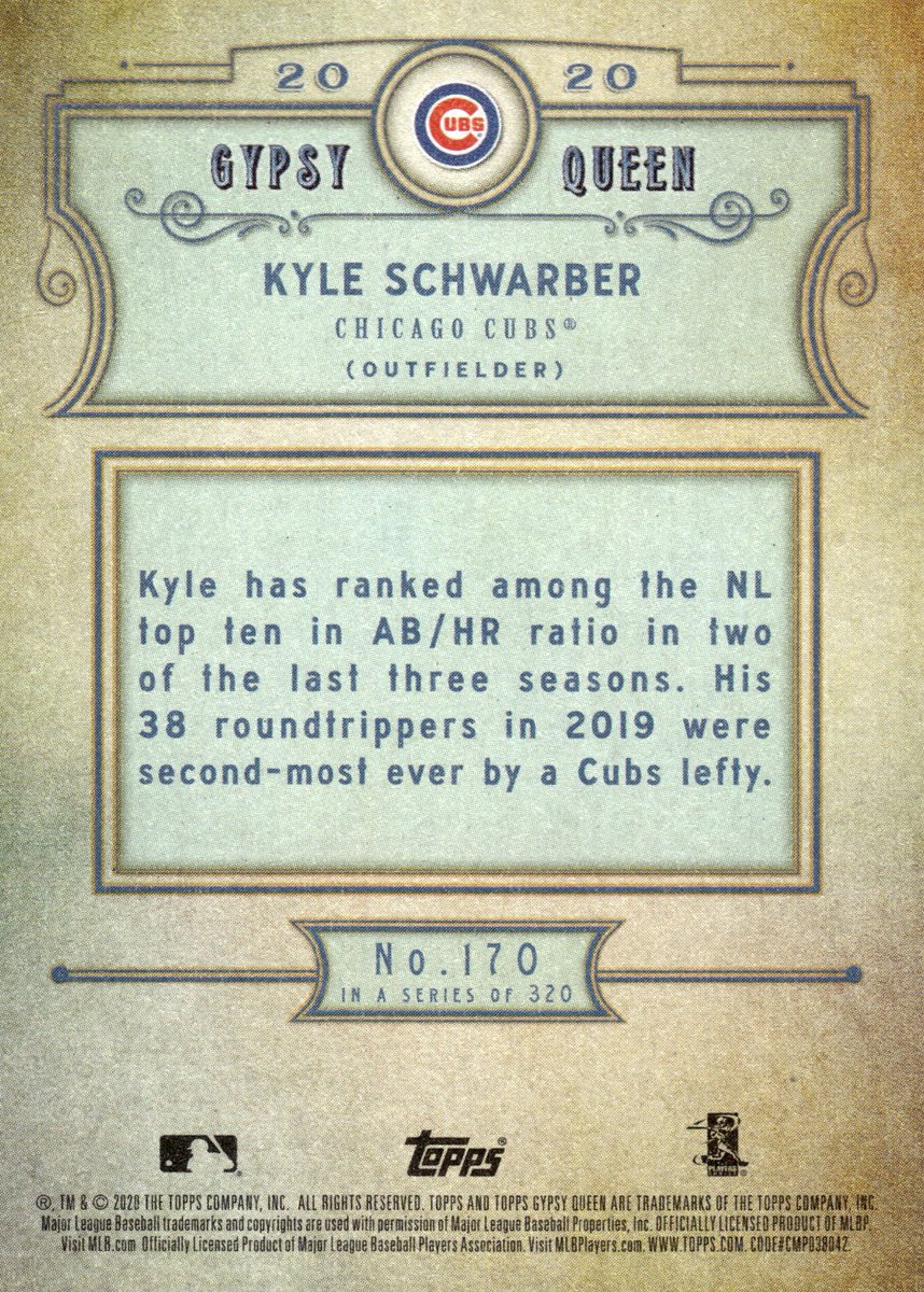 GameDatedCubs's tweet photo. If there's a 2027 season, there are 170 days until Cubs Opening Day on March 25th.

Here is one of several cards #170 from my Cubs collection:

2020 Topps Gypsy Queen - #170 Kyle Schwarber

On July 28, 2019, Kyle Schwarber hit a grand slam against the Milwaukee Brewers in an 11-4 drubbing. The post-swing admiration is captured here on the card.

📸- Dylan Buell