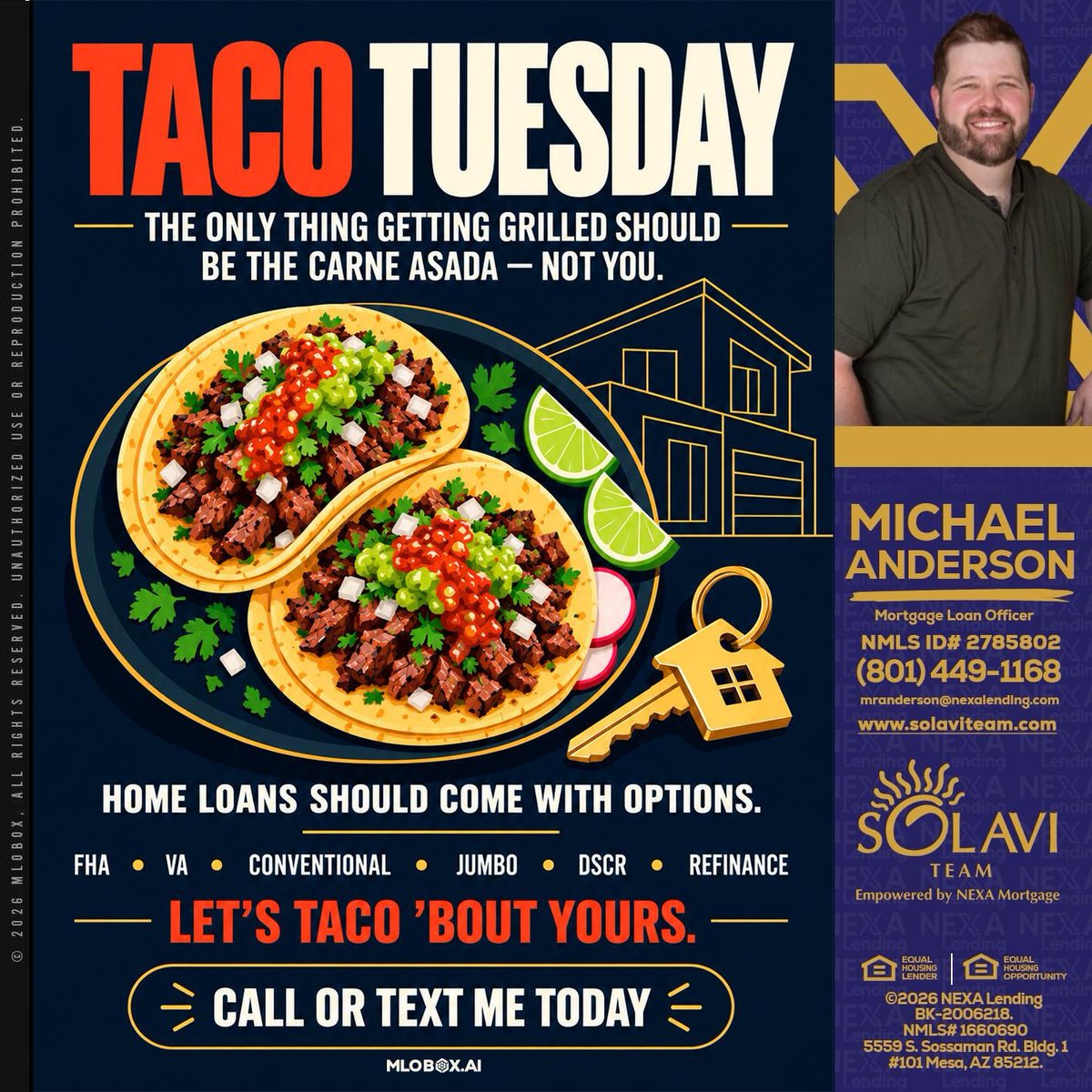 mikerayanderson's tweet photo. Taco Tuesday is here! ๐ฎ Let's get you the perfect home loan while we taco 'bout delicious carne asada. Call or text me today! ๐ #TacoTuesday #HomeLoans #LetsTacoBoutIt
๐ง mranderson@nexalending.com
๐ 8014491168 https://t.co/sEIfzcq0bF