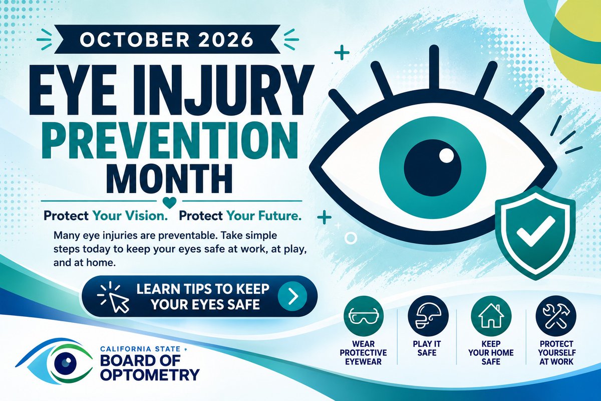 CAOptometry's tweet photo. October is Eye Injury Prevention Month!
A few simple steps, such as wearing the right eye protection and staying alert to potential hazards, can make a world of difference. Stay protected, and keep our future looking bright.
#CAStateBoardOfOptometry #ConsumerProtection https://t.co/SRPUtIX2ne