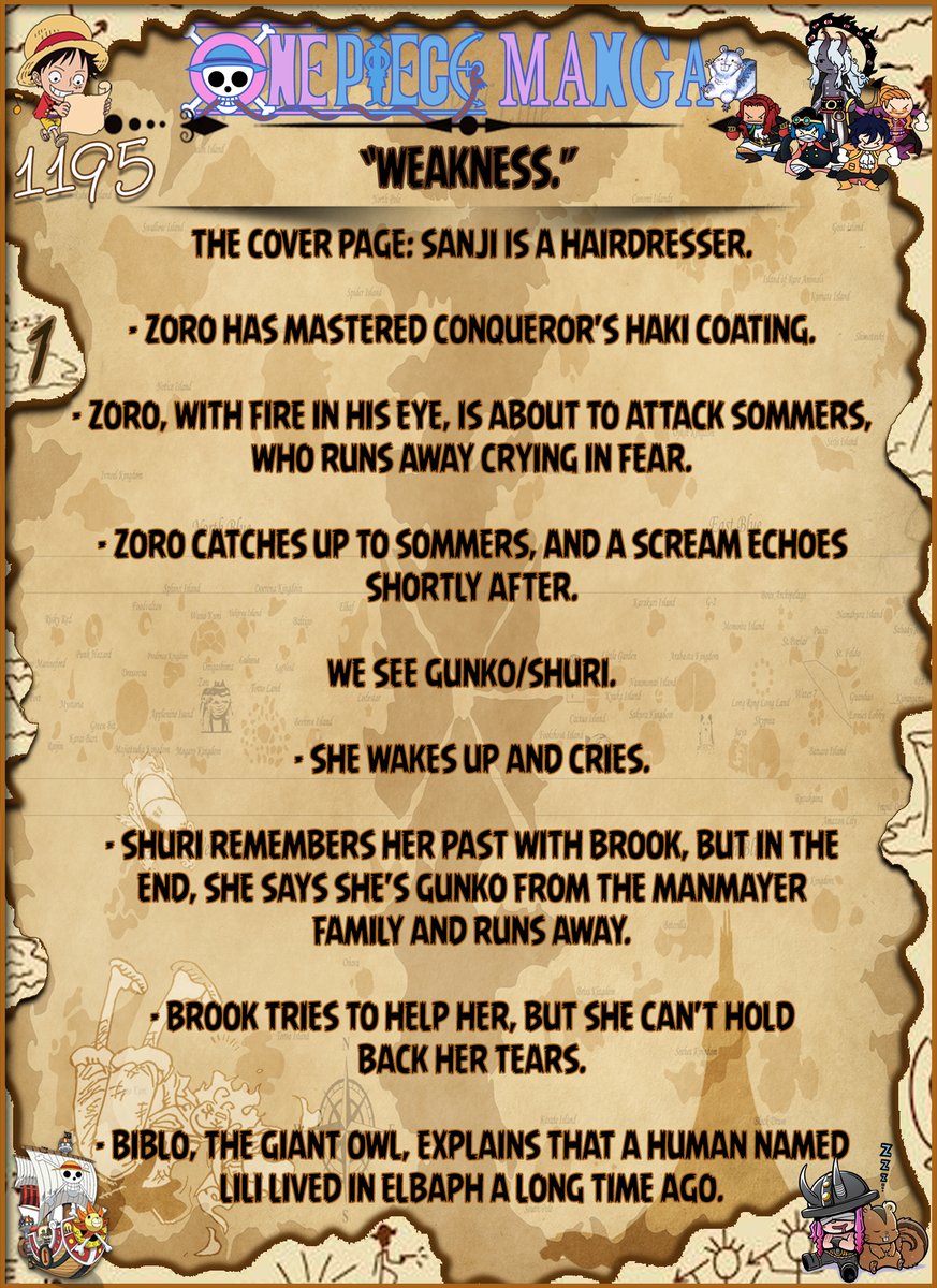 GSPLeaks's tweet photo. BRIEF SUMMARY [#SPOILERS] FOR ONE PIECE #CHAPTER 1195!

- ONE PIECE CHAPTER 1195:「WEAKNESS」

#ONEPIECE1195 #ONEPIECE #SANJI #NefertariDLili #LILI #BIBLO #ELBAPH #1195SPOILERS #OP1195 #ZORO https://t.co/EVpoqIMp7j